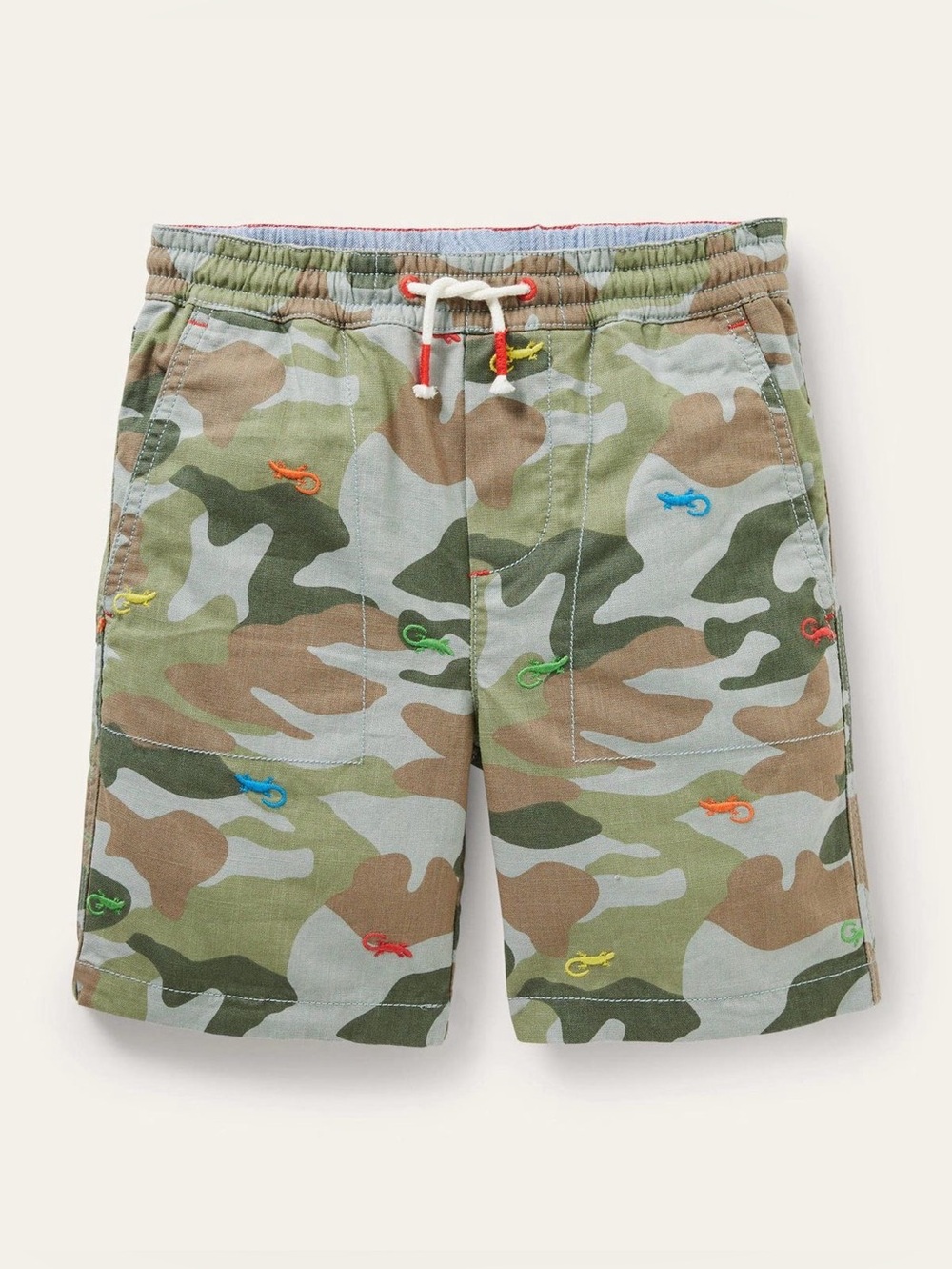 Mini Boden Green Camo Drawstring Shorts with Multicolor Embroidered Lizards